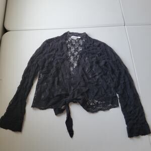 Y2K Whimsigoth Papillon Blanc Blouse Women XL Black Lace Sheer Tie Front Cropped